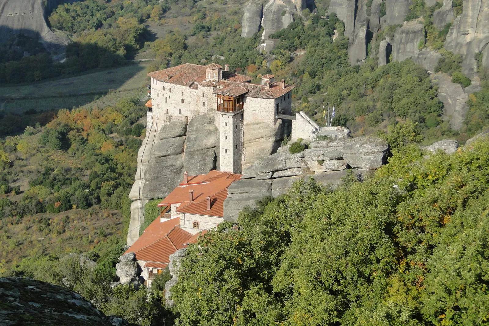 The Holy Monastery of Roussanou at Meteora, its building covering the entire narrow rock summit